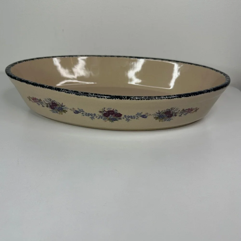 Home Garden Party 2003 Oval Baking Dish Floral Blue Rim